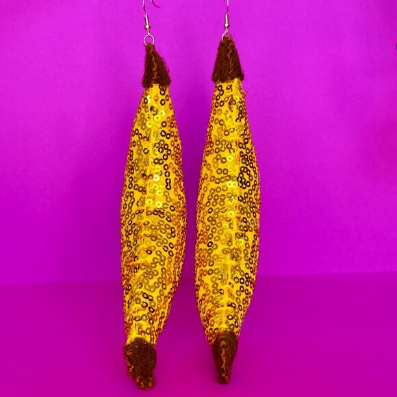 DiscoFruits Plush Sparkly Sequin Statement Disco Banana Earrings - Bright Yellow - Picture 5 of 6